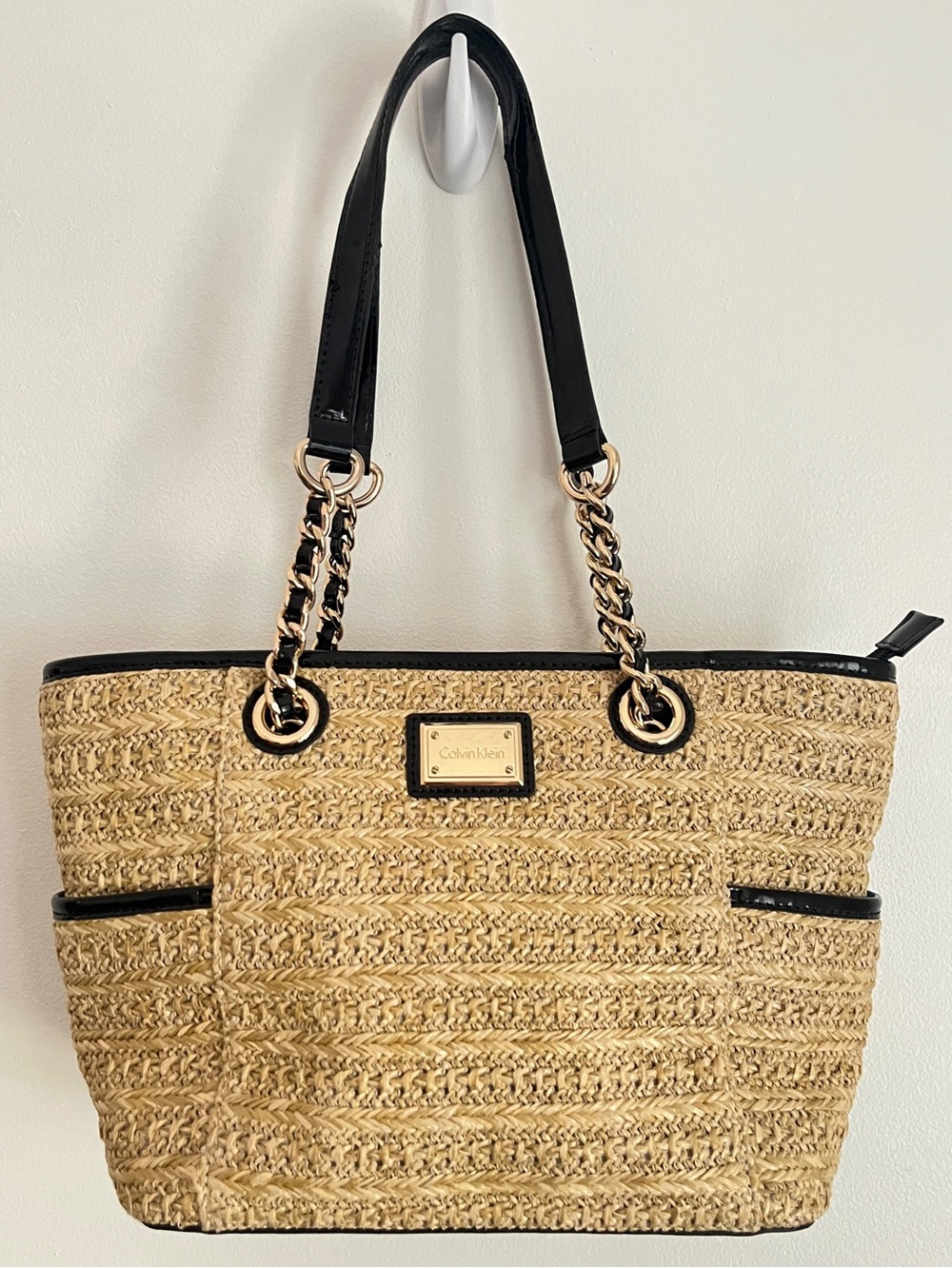 Calvin Klein Woven Handbag Double Chain Strap Boho Vacation Casual Coastal